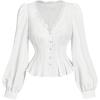 image:imageMakeMeChic Womens Lace Trim V Neck Blouse Lantern Sleeve Button Down Ruffle Dressy TopsWhite