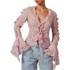 image:imageMakeMeChic Womens Polka Dots Bell Sleeve Blouse Chiffon V Neck Ruffle Tie Front TopsPink