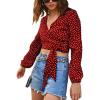 image:imageMakeMeChic Womens Polka Dots Wrap V Neck Blouse Tie Side Lantern Sleeve Y2k Crop TopsRed