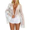 image:imageMakeMeChic Womens Sheer Long Sleeve Tops Deep V Neck Vacation Dressy Floral Shirt BlousesApricot