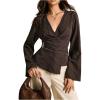image:imageMakeMeChic Womens Striped V Neck Blouse Tie Back Metal Pleated Long Sleeve Work ShirtBrown