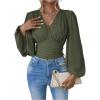 image:imageMakeMeChic Womens Wrap Top V Neck Lantern Sleeve Pleated Casual Blouse Top SpringGreen