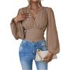 image:imageMakeMeChic Womens Wrap Top V Neck Lantern Sleeve Pleated Casual Blouse Top SpringMocha Brown
