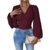 image:imageMakeMeChic Womens Wrap Top V Neck Lantern Sleeve Pleated Casual Blouse Top SpringRed Violet