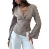 image:imageMakeMeChic Womens Wrap V Neck Blouse Bell Sleeve Pleated Business Dressy TopsApricot