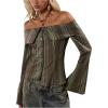 image:imageMakeMeChic Womens Y2k Striped Blouse Off The Shoulder Button Up Bell Sleeve TopsGreen