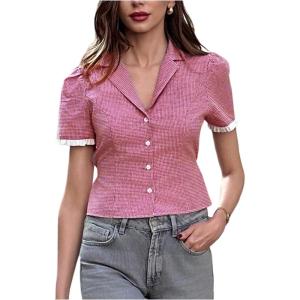 image:imageMAKEMECHIC Womens Gingham Plaid Button Down Shirt Tie Back Short Sleeve Blouse Vintage TopsRed