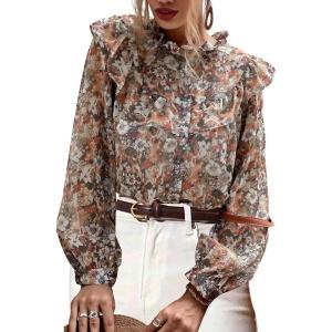 image:imageMakeMeChic Womens Boho Blouses Floral Print Chiffon Long Sleeve Tops Button Down Ruffled ShirtsMulticolor