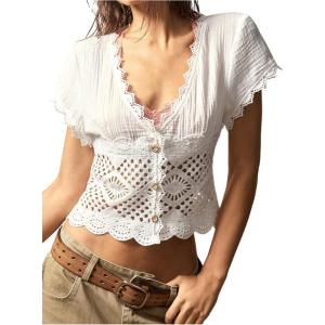 image:imageMakeMeChic Womens Boho Button Down Shirt Lace V Neck Short Sleeve Blouse Summer Crop TopsWhite
