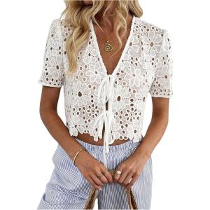 image:imageMakeMeChic Womens Boho Floral Lace V Neck Blouse Tie Front Short Sleeve Crop TopsWhite