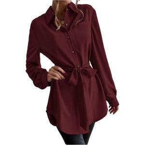image:imageMakeMeChic Womens Business Casual Belted Button Down Shirt Long Sleeve Collared Blouse TopBurgundy