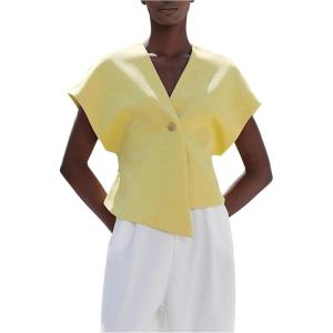 image:imageMakeMeChic Womens Business Casual V Neck Blouse Single Button Short Sleeve Asymmetrical TopsYellow