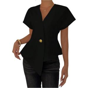 image:imageMakeMeChic Womens Business Floral Metal Button Blouse Short Sleeve V Neck Asymmetrical TopsBlack