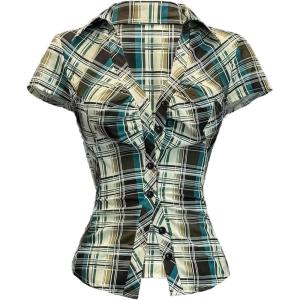 image:imageMakeMeChic Womens Button Down Plaid Shirt V Neck Ruched Short Sleeve Y2k BlouseMulticolor