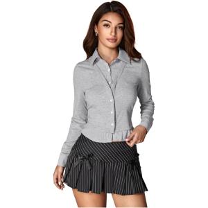image:imageMakeMeChic Womens Casual Business Top Long Sleeve Shirts Button Down Collared BlouseLight Grey