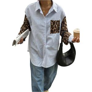 image:imageMakeMeChic Womens Cheetah Print Striped Button Down Shirt Long Sleeve Boyfriend BlouseMulticolor