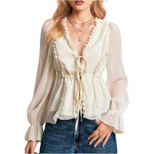 image:imageMakeMeChic Womens Chiffon Blouse Mesh V Neck Tie Front Frill Trim Ruffle Long Sleeve Peplum ShirtApricot