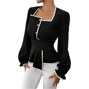 image:imageMakeMeChic Womens Contrast Trim Blouse Elegant Square Neck Long Sleeve Shirt TopBlack