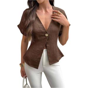 image:imageMakeMeChic Womens Deep V Neck Blouse Metal Button Short Sleeve Work Dressy Shirt TopsBrown
