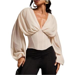 image:imageMakeMeChic Womens Deep V Neck Chiffon Blouse Long Sleeve Elegant Satin Silk Tops Going Out TopsApricot