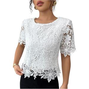 image:imageMakeMeChic Womens Fall Floral Lace Blouse Elegant Short Sleeve Crew Neck Crop TopsWhite