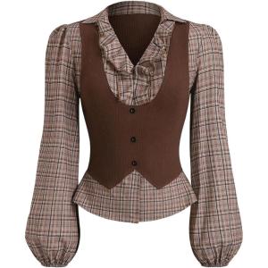 image:imageMakeMeChic Womens Fall Tops Teacher Outfits Plaid Print Lantern Sleeve 2 in 1 Vintage Blouse Collared ShirtCoffee Brown