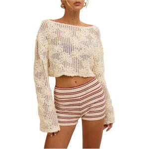 image:imageMakeMeChic Womens Floral Boat Neck Blouse Long Sleeve Knit Going Out Crop TopsWhite