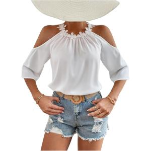 image:imageMakeMeChic Womens Floral Lace Cold Shoulder Blouse 34 Sleeve Ruched Summer Boho Halter TopsWhite