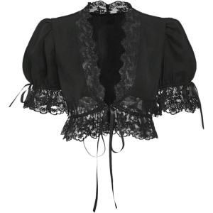 image:imageMakeMeChic Womens Floral Lace V Neck Blouse Crop Tops Puff Sleeve Tie Front Summer ShirtsBlack