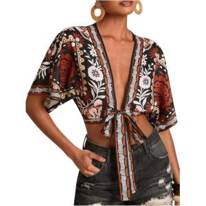 image:imageMakeMeChic Womens Floral V Neck Tie Front Blouse Dolman Sleeve Boho Crop TopsBlack