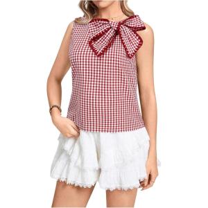 image:imageMakeMeChic Womens Gingham Print Bow Knot Blouse Sleeveless Crew Neck Summer Tank ShirtsRed