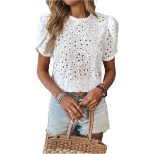 image:imageMakeMeChic Womens Going Out Eyelet Embroidery Blouse Crew Neck Hollow Out Short Sleeve Shirt TopsWhite