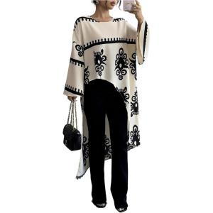 image:imageMakeMeChic Womens High Low Asymmetrical Tops Graphic Print Crew Neck Bell Sleeve Blouse Boho ShirtApricot