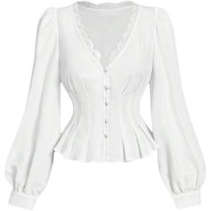 image:imageMakeMeChic Womens Lace Trim V Neck Blouse Lantern Sleeve Button Down Ruffle Dressy TopsWhite
