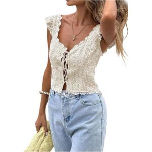image:imageMakeMeChic Womens Lace Up Crochet Crop Top with Ruffle Trim Sleeveless V Neck Knitted BlouseApricot