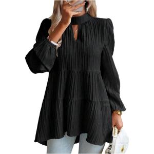 image:imageMakeMeChic Womens Lantern Sleeve Blouse Keyhole Pleated Ruffle Hem Dressy Tunic TopsBlack