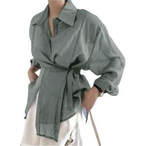 image:imageMakeMeChic Womens Long Sleeve Shirts Button Down Shirt Wrap Tie Front Office Blouse TopsGreen