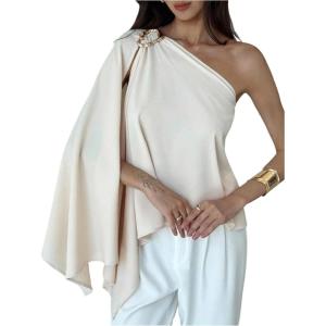 image:imageMakeMeChic Womens One Shoulder Asymmetrical Blouse Metal Ring Business Shirt TopsWhite