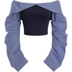 image:imageMakeMeChic Womens Plaid Blouses Off The Shoulder Ruched Long Sleeve Going Out Crop TopsBlue