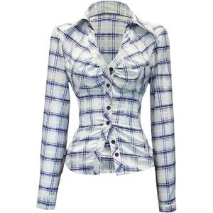 image:imageMakeMeChic Womens Plaid Button Down Shirt V Neck Collar Long Sleeve Y2k Vintage BlouseMulticolor