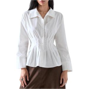 image:imageMakeMeChic Womens Pleated Button Down Shirt Collared Business Casual Blouse Tops