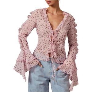 image:imageMakeMeChic Womens Polka Dots Bell Sleeve Blouse Chiffon V Neck Ruffle Tie Front TopsPink