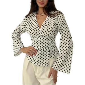 image:imageMakeMeChic Womens Polka Dots Bell Sleeve Blouse V Neck Work Office Dressy TopsBlack and White