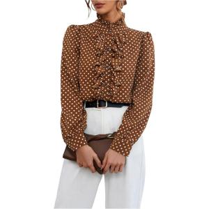 image:imageMakeMeChic Womens Polka Dots Satin Blouse Long Sleeve Silk Tops Button Up Shirts Business Casual OutfitsBrown