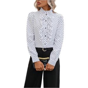 image:imageMakeMeChic Womens Polka Dots Satin Blouse Long Sleeve Silk Tops Button Up Shirts Business Casual OutfitsWhite