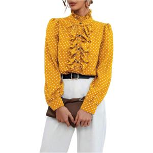 image:imageMakeMeChic Womens Polka Dots Satin Blouse Long Sleeve Silk Tops Button Up Shirts Business Casual OutfitsYellow