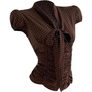 image:imageMakeMeChic Womens Polka Dots Shirt Tie Button Down Shirt Ruched Cap Puff Sleeve Blouse TopsCoffee Brown