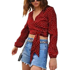 image:imageMakeMeChic Womens Polka Dots Wrap V Neck Blouse Tie Side Lantern Sleeve Y2k Crop TopsRed