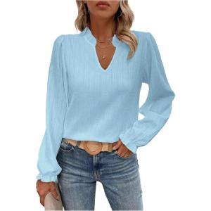 image:imageMakeMeChic Womens Ruffle Puff Long Sleeve Blouse V Neck Business Work Shirt TopsBlue