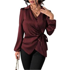 image:imageMakeMeChic Womens Satin V Neck Blouse Lantern Sleeve Wrap Tie Side Business Dressy Shirt TopsBurgundy